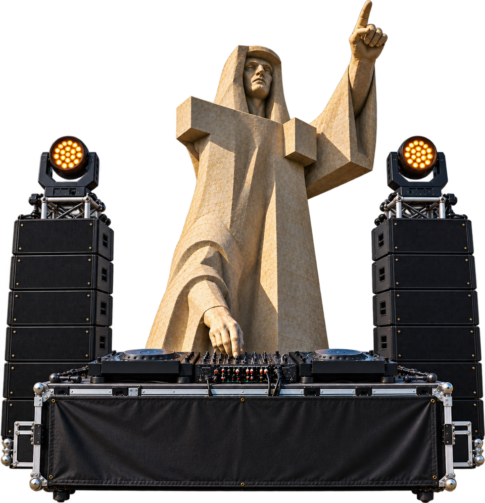 Cabina de DJ Pioneer de Alquiler Sonido Huelva frente al monumento a la Fe Descubridora, en Huelva